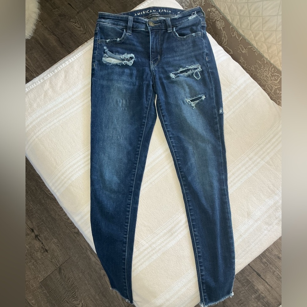 American Eagle Outfitters Dark Blue Distressed Skinny Jeans